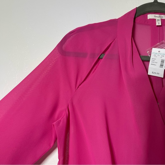 NWT, Maurices Sheer Faux Wrap Blouse. Size Small. Bright Pink. Cutouts - Picture 2 of 9